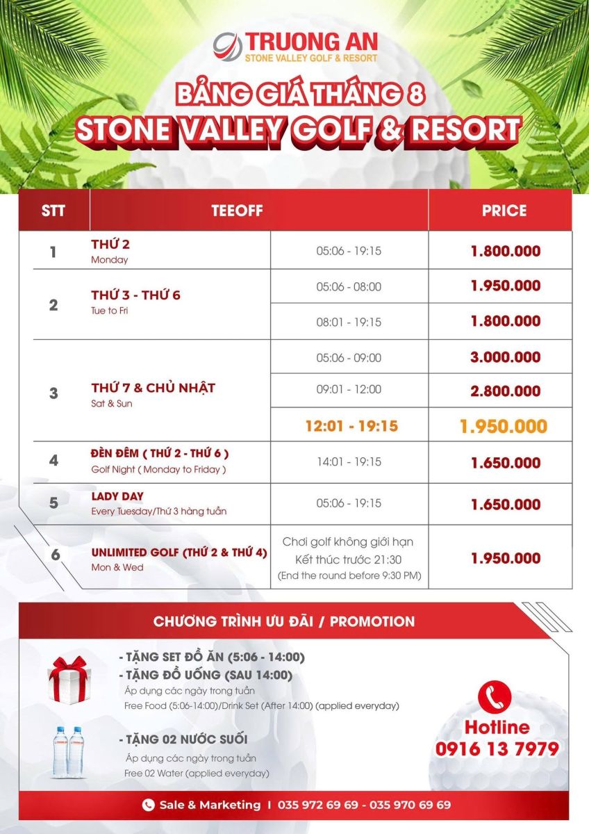 BẢNG GIÁ GOLF THÁNG 8/2025 - STONE VALLEY GOLF & RESORT